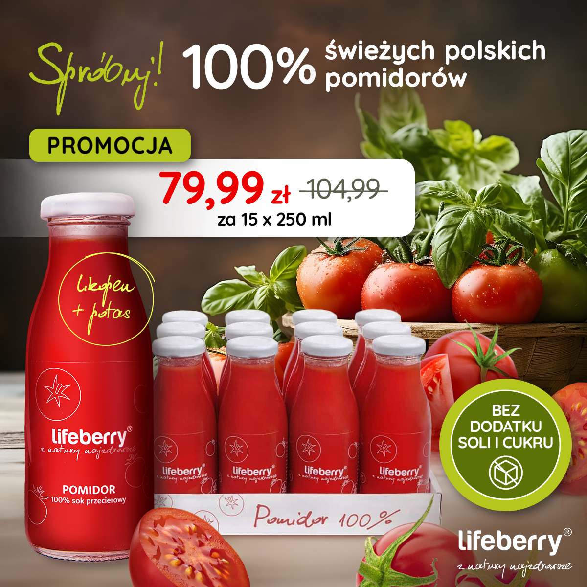 naturalny sok pomidorowy bez soli ze świeżych polskich pomidorów