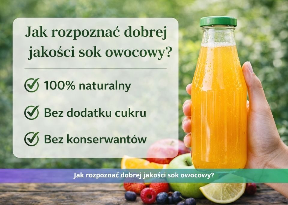 na zdjęciu widoczna ręka trzymają sok, w tle natura, napisy - jak rozpoznać dobrej jakości sok naturalny