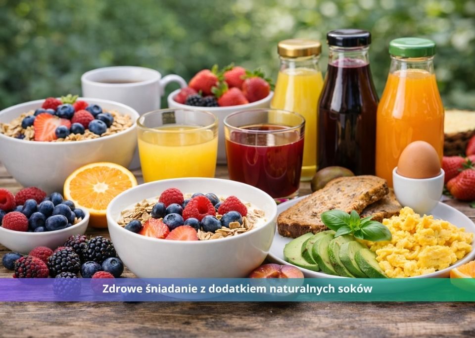 na zdjęciu soki, owoce - bórówki i maliny, pomarańcze, w miseczce. Zdrowe śniadanie z dodatkiem naturalnych soków